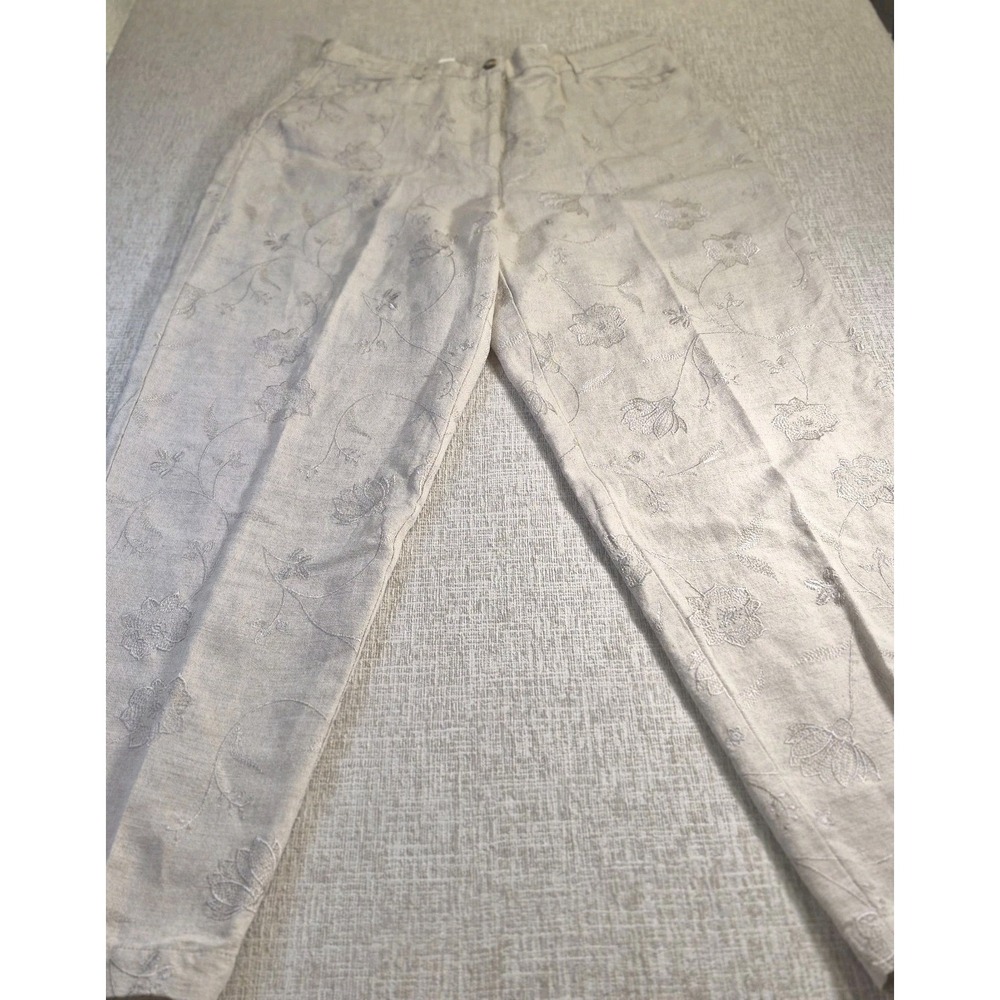 Talbots Irish Linen Blend Embroidered Pants Womens Tan Beige Floral 14P